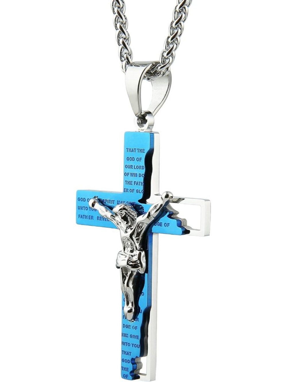 Men's Blue Stainless Steel Cross Crucifix Bible Prayer Pendant Necklace Chain